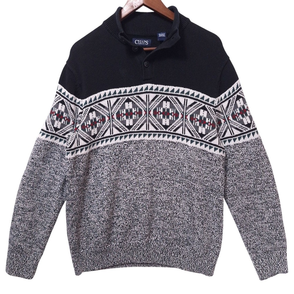 Chaps Fair Isle Knit Sweater Mens M Geometric Mockneck‎ Button Nordic Black Gray